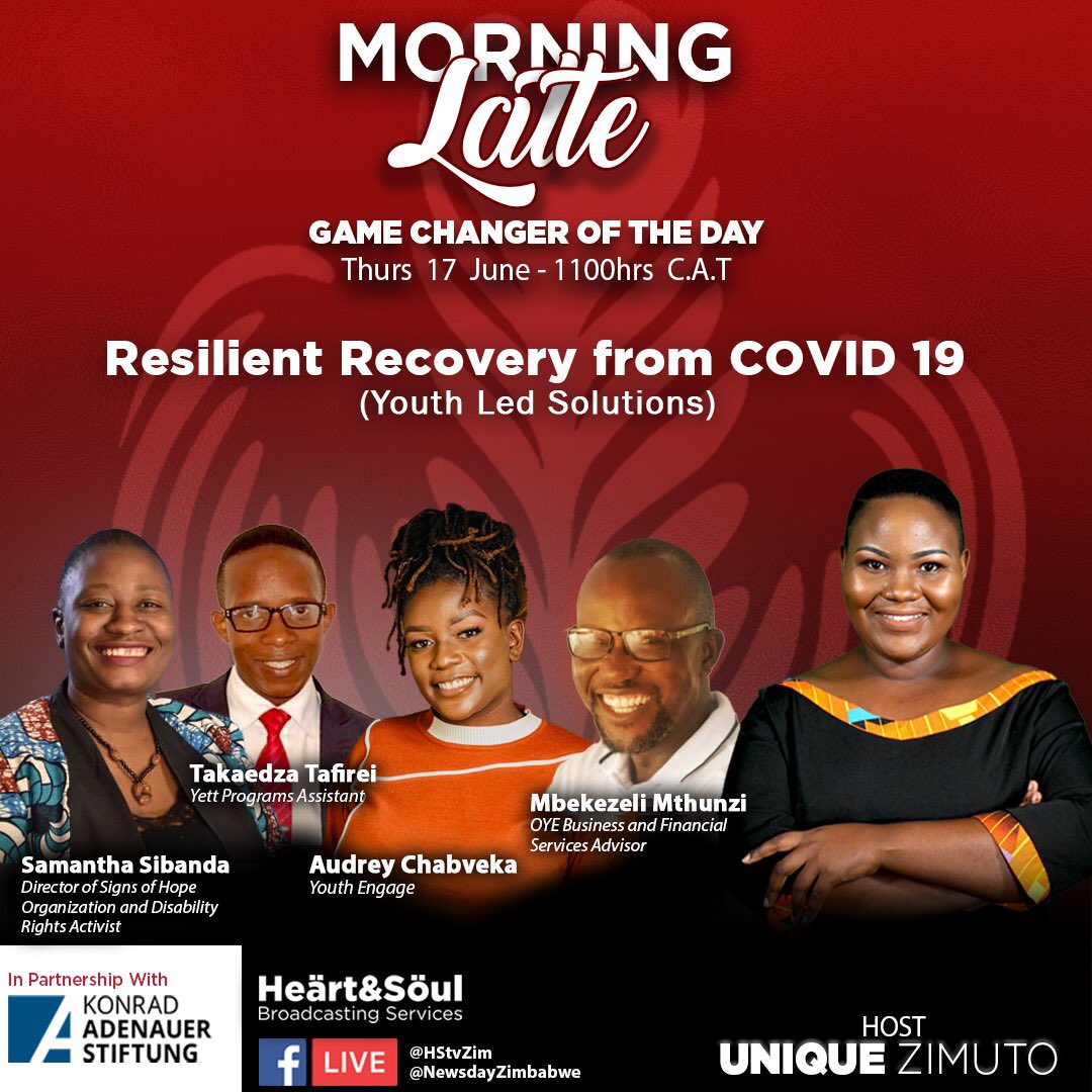 Tune in as we discuss youth led solutions on resilient recovery from #COVID19 .. <a href="/YetTrust/">#Youth4SDGs</a> <a href="/sam_signsofhope/">Samantha Sibanda</a>  <a href="/HStvZim/">HStvZim</a>  <a href="/YouthEngageInfo/">Youth Engage</a>