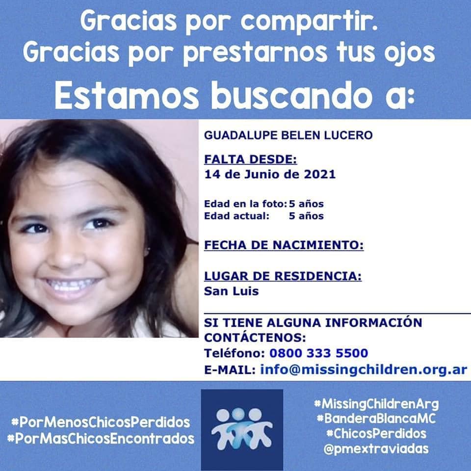 📢URGENTE DIFUNDIR 📢

#AlertaSofía 🚨 Buscamos a Guadalupe Belén Lucero Cialone, de 5 años de edad. Fue vista por última vez en la ciudad de #SanLuis el lunes 14 de junio.

En caso de contar con información que pueda resultar de ayuda, comunicate a la línea 134 del <a href="/MinSeg/">MinSeg</a> 📲