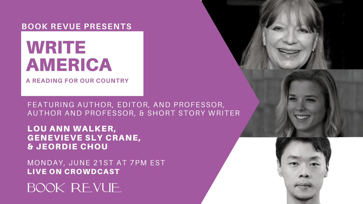 BookRevueLI's tweet photo. Next up on #WriteAmerica: author, editor, and professor Lou Ann Walker, author and professor Genevieve Sly Crane, & short story writer Jeordie Chou! Join us Monday, June 21st at 7pm EST on Crowdcast, register for free here: https://t.co/y0t2KENntq https://t.co/Xcwoc4LbA0
