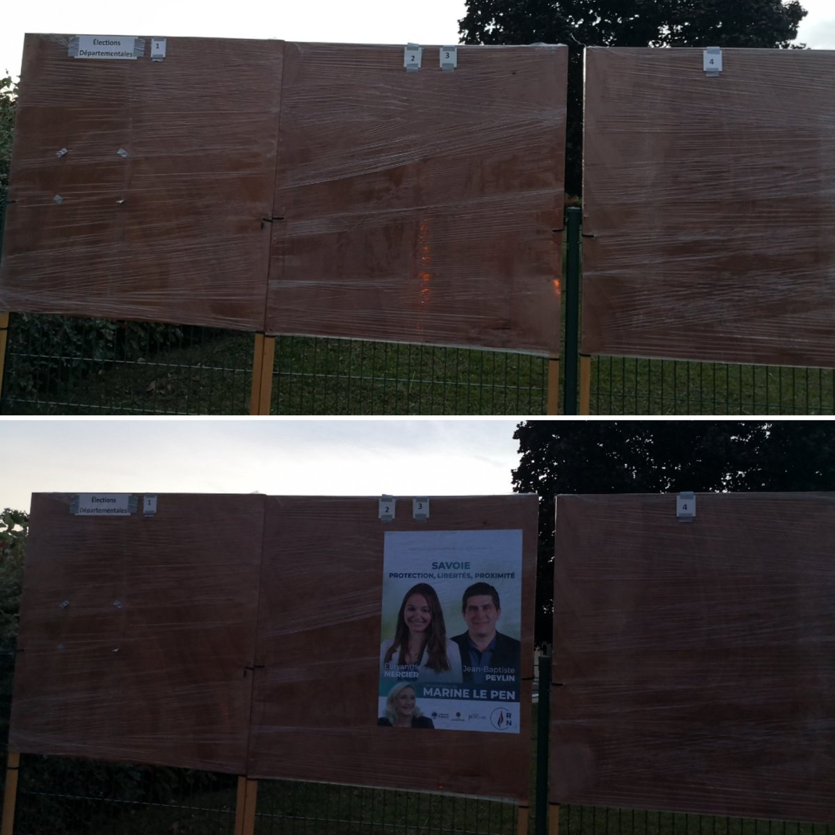 Euryanthe_M's tweet photo. 4e fois que je colle le même panneau à #Myans...

Option 1, le film plastique sur les panneaux n'est pas adapté à notre colle.
Option 2, un petit malin n'apprécie pas la démocratie...

Ce soir, la colle fut doublée de 15 agrafes.
Prochaine étape : la glue !

#departementales2021 https://t.co/fHeWs2Zvkm
