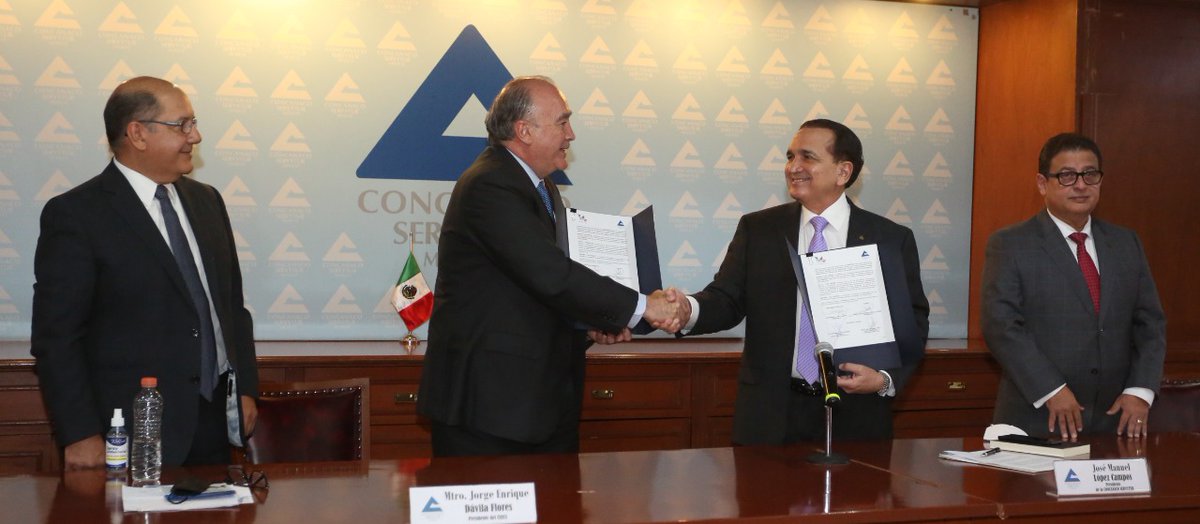 CONCANACO's tweet photo. Se realizó la firma de convenio entre Concanaco Servytur y el Centro Estudios Económicos del Comercio, Servytur, estuvieron presentes: José Manuel López Campos, pdte. de la Confederación y Jorge Dávila Flores, pdte. del CEECS. https://t.co/9yxtPkyK1x