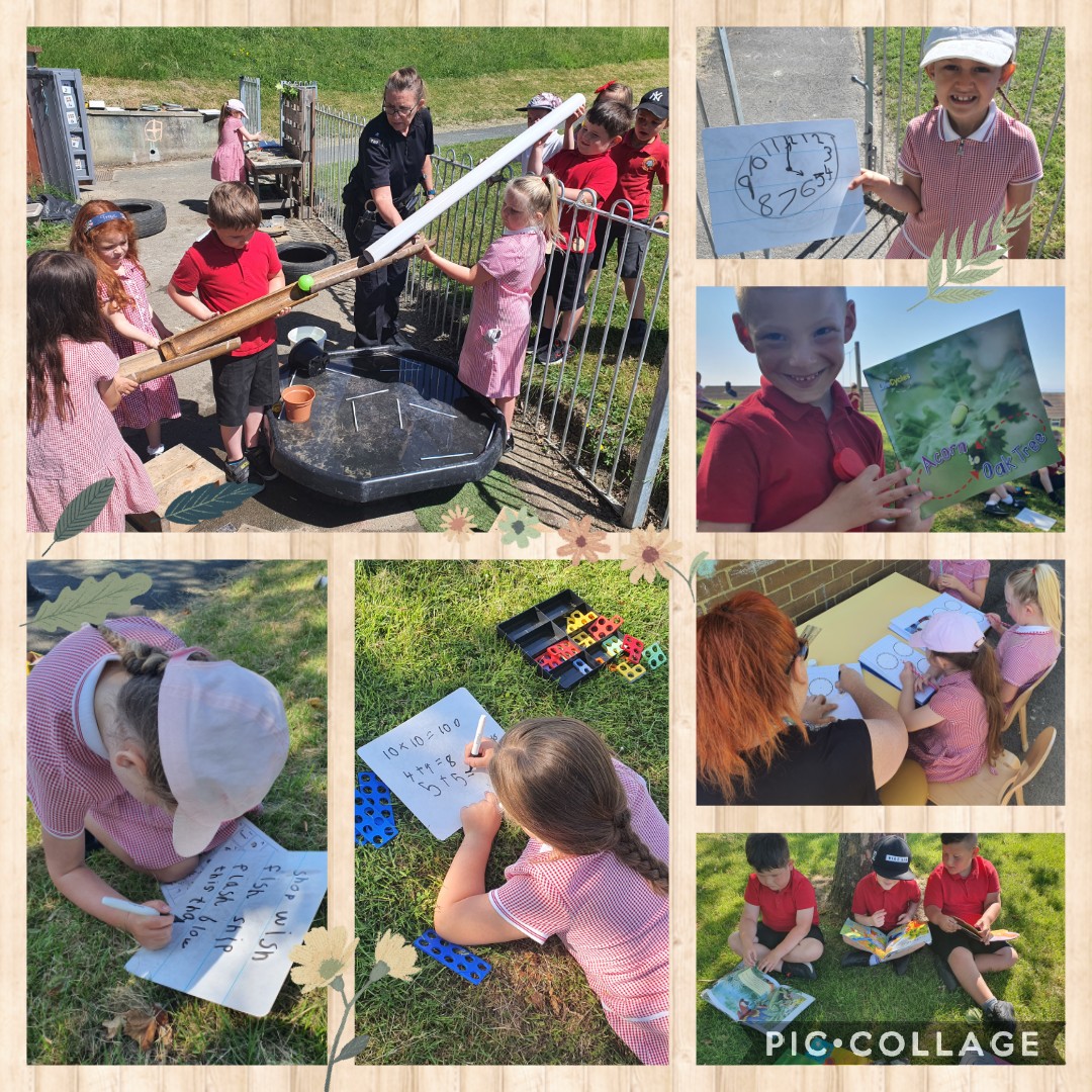 RinglandPrimary's tweet photo. The warm weather gave Dosbarth Beech no choice but to take the classroom outside for the day and learn in the cooling shade of the trees! 🌿🌳 Even our new Police liason officer PC Karen joined us for a cool down in the water area! 💧 @EAS_FoundationP @EAS_Equity https://t.co/0u29hVqlFR