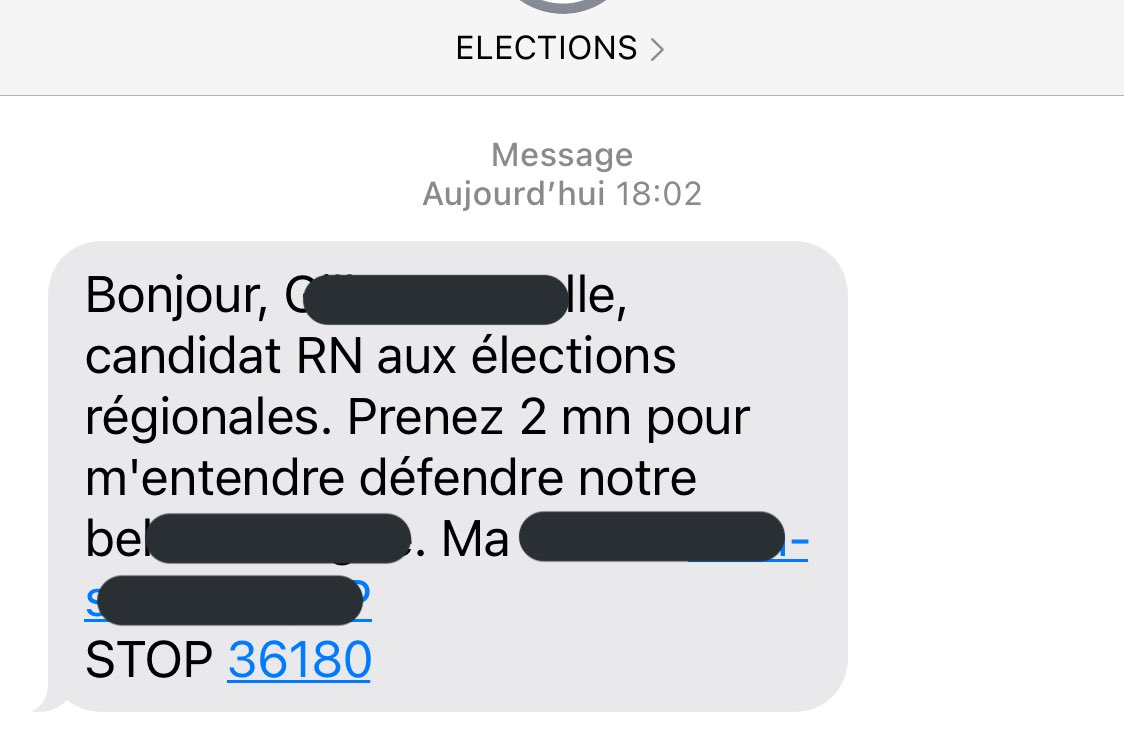Je suis absolument certaine de n’avoir ni donné mon consentement ni transmis mes coordonnées pour ce démarchage politique. Une idée de qui exploite le 36180 ? #RGPD