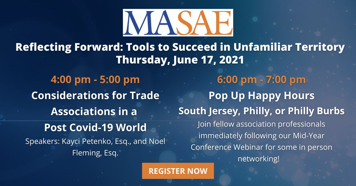 Happening tomorrow! Webinar on considerations for associations post covid and our first in-person networking events in over a year. We hope you can join us for both! midatlantic-sae.org/Events