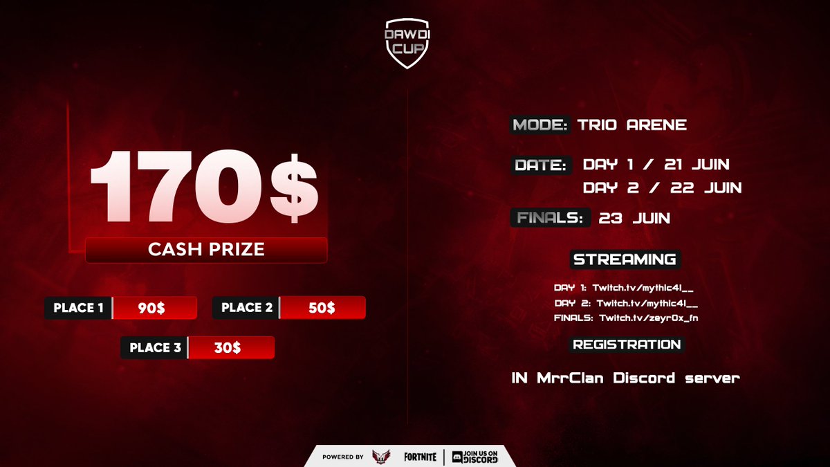 MrrClan's tweet photo. We are glad to announce The DawdiCup . A Fortnite Trio Tournament with our partner @iTzDawDi with a cash prize of 170$ . For more Information about the Tournament . 🔥🔥

Check the MrrClan Discord Server 
https://t.co/oQRvj7DRgR

#MrrTheBestOf2021 #MrrClan #Mrr2k21 https://t.co/cMampxt4YM
