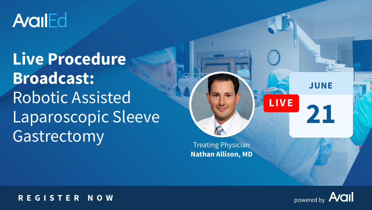 AvailMedsystems's tweet photo. LIVE EVENT! Nathan Allison, MD from Health First Viera Hospital in Florida performs a robotic-assisted laparoscopic sleeve gastrectomy live-streamed via the Avail Procedural Telemedicine System on 6/21 at 9:15 am ET. 
 
Register: https://t.co/b0sM6s0mz5
 
#medicaldevices #surgeon https://t.co/D4hhq3iEU7