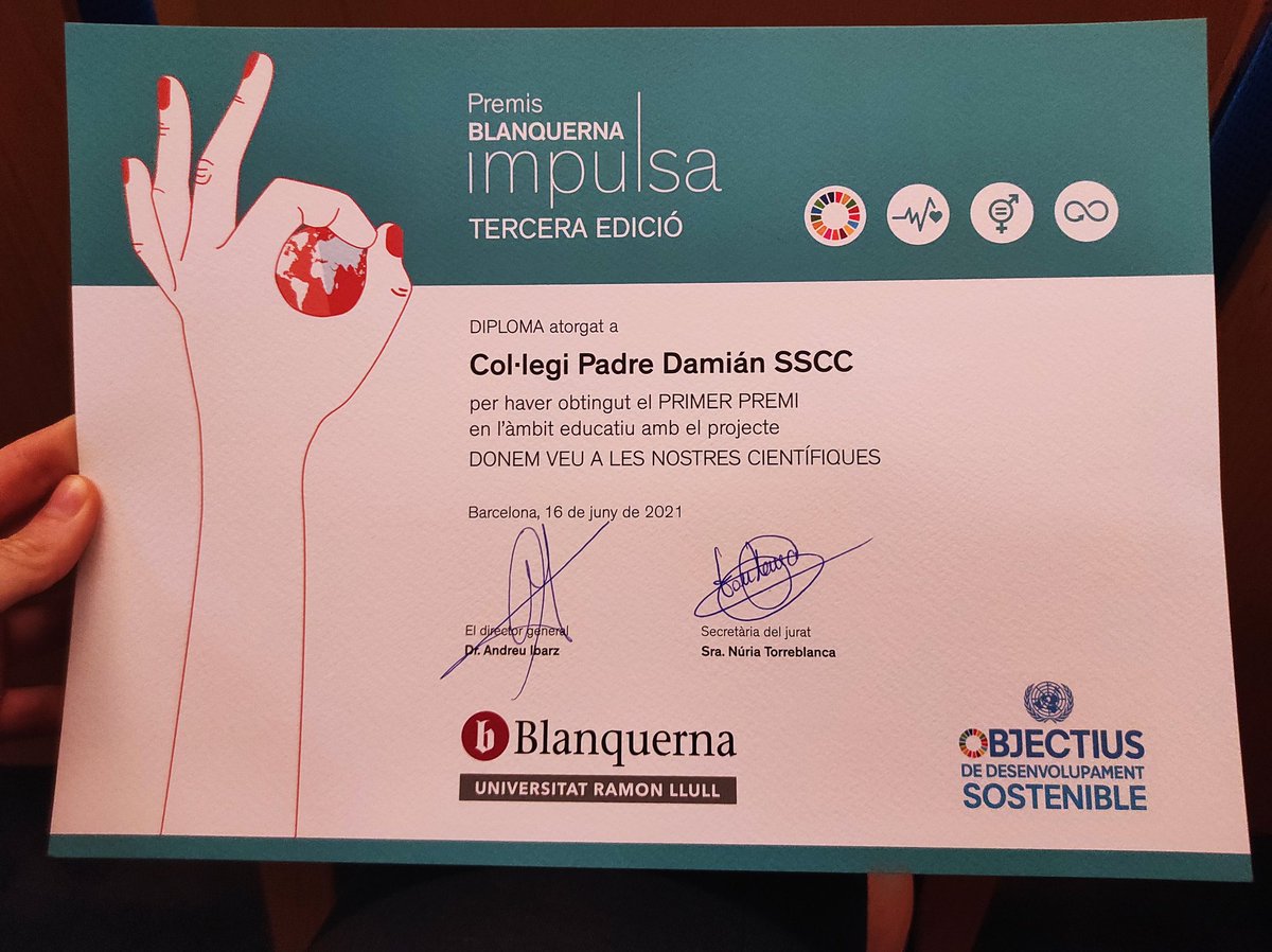AnamaDomenech's tweet photo. Gràcies @BlanquernaFPCEE pel reconeixement al nostre projecte @PadreDamianSSCC 👩‍🔬 i per fer-nos viure una tarda d'aprenentatges i d'agafar impuls per seguir lluitant pels ODS! Felicitats als altres premiats i finalistes dels #PremisBlanquernaImpulsa https://t.co/hNvfc4UKb5