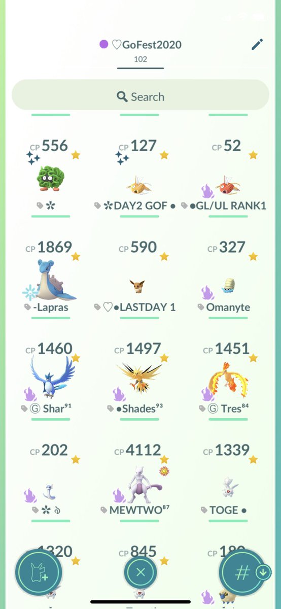 Braicku's tweet photo. Does anybody else have a Tag for all their #GoFest2020 catches they kept? 

It was my first time participating thanks to it being a Global event and I had an absolute blast playing. 

I still smile looking at some of these catches such as shadow Zapdos who has been an MVP in GL. https://t.co/13OyAWRWDl