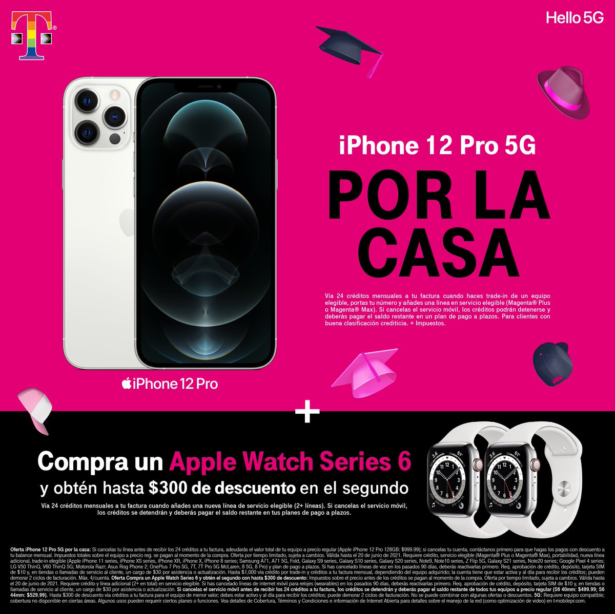 TMobilePR's tweet photo. Llévate el iPhone 12 Pro 5G POR LA CASA, vía créditos a tu factura, al portar tu número, hacer trade-in de equipo elegible y añadir una línea nueva en un plan elegible. Además, compra un Apple Watch Series 6 y recibe hasta $300 de descuento en el segundo.

✔️1-800-TMOBILE https://t.co/RE0bMt8U5Z
