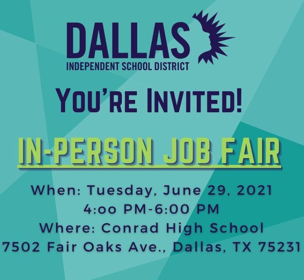 The Dallas ISD In-Person Job Fair is coming soon!

Tue, 6/29/21
4PM - 6PM
Conrad High School
7502 Fair Oaks Ave
Dallas, TX 75231

Link: dallasisd.org/hcmjobfair

Interviews for campus-based openings, including:
Teachers, Teacher Leads &amp; Paraprofessionals!

<a href="/UNTDallas/">UNT Dallas</a> @UNTDcareers