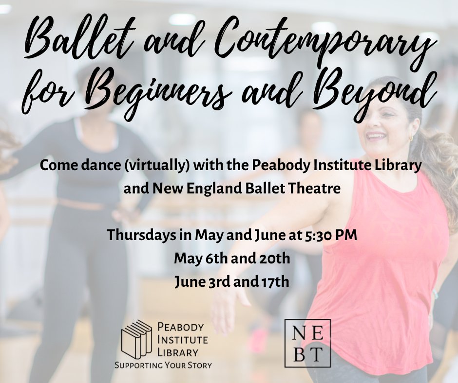PeabodyInstLib's tweet photo. Ballet and Contemporary continues tomorrow! Register here for tomorrow's class:
https://t.co/VRzF2n9bBo
#dance #peabodylibrary https://t.co/ZbQW6bAS8a