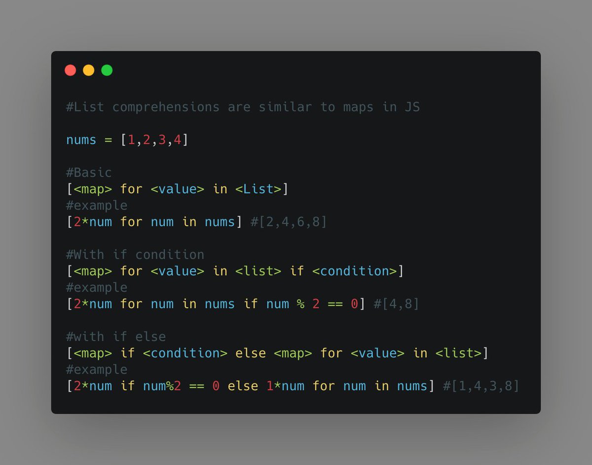 reactwithvue's tweet image. List Comprehensions in python are like maps in JS #pythontuts #learningpython #pythonisfun