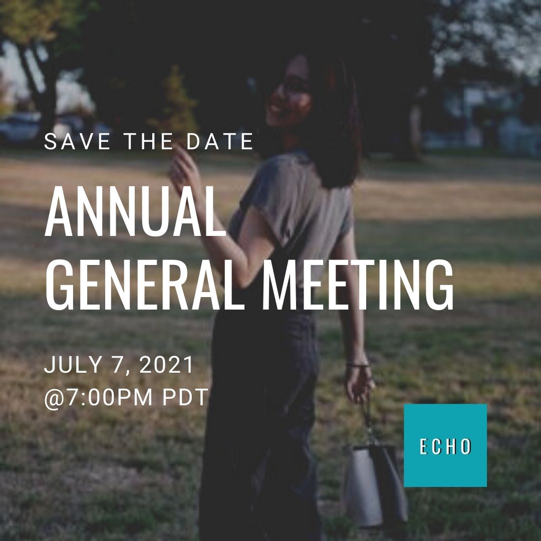 Save the date! ECHO Canada is holding our Annual General Meeting on July 7th, 2021 @ 7PM PDT. Join us to meet the team, get involved, voice your opinions, and get the latest ECHO Canada updates! 

Check the link in our bio for details. 😊