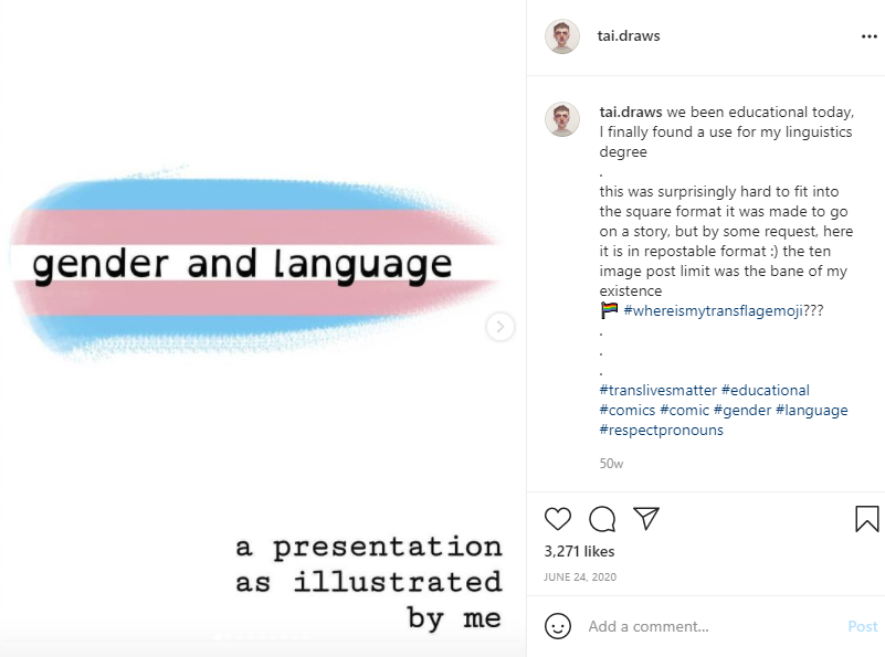 TSUdiversity's tweet photo. Instagram Creator @tai.draws has some very helpful illustrated guides on gender, language, and much more. Here's the link to their post that takes a linguistic approach to examining gender and language.

https://t.co/PteuVKLM4m https://t.co/rw9vx2i682