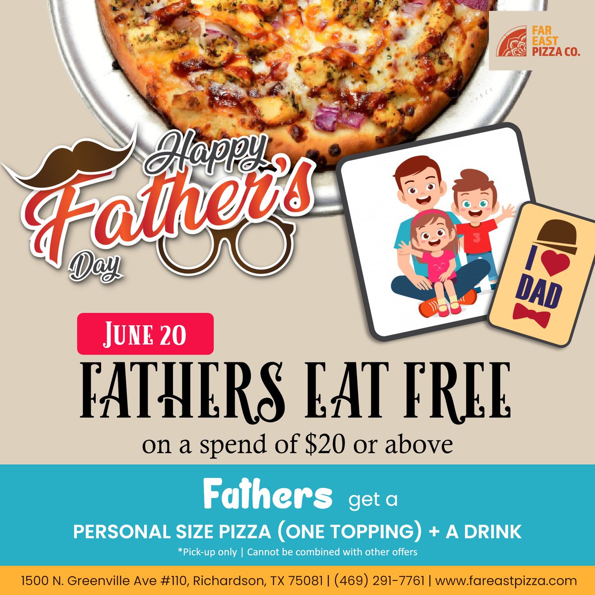 far_pizza's tweet photo. A son's first hero and a daughter's first love- DAD...
We have something special coming up for #FathersDay ๐๐
.
#Offer #deal #discount #Daddy #Superhero #daddysday #June20 #fathersday #offertime #fusionfood #fareastpizza #richardson https://t.co/aGtf67VJqf