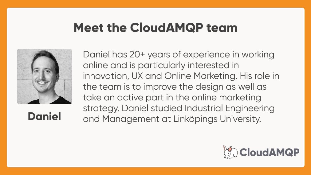 CloudAMQP's tweet image. Our customers are great, so of course, CloudAMQP only has the best staff working behind the scenes to make the RabbitMQ experience a great one. #rabbitmq #amqp #messagequeuing buff.ly/2FphAve