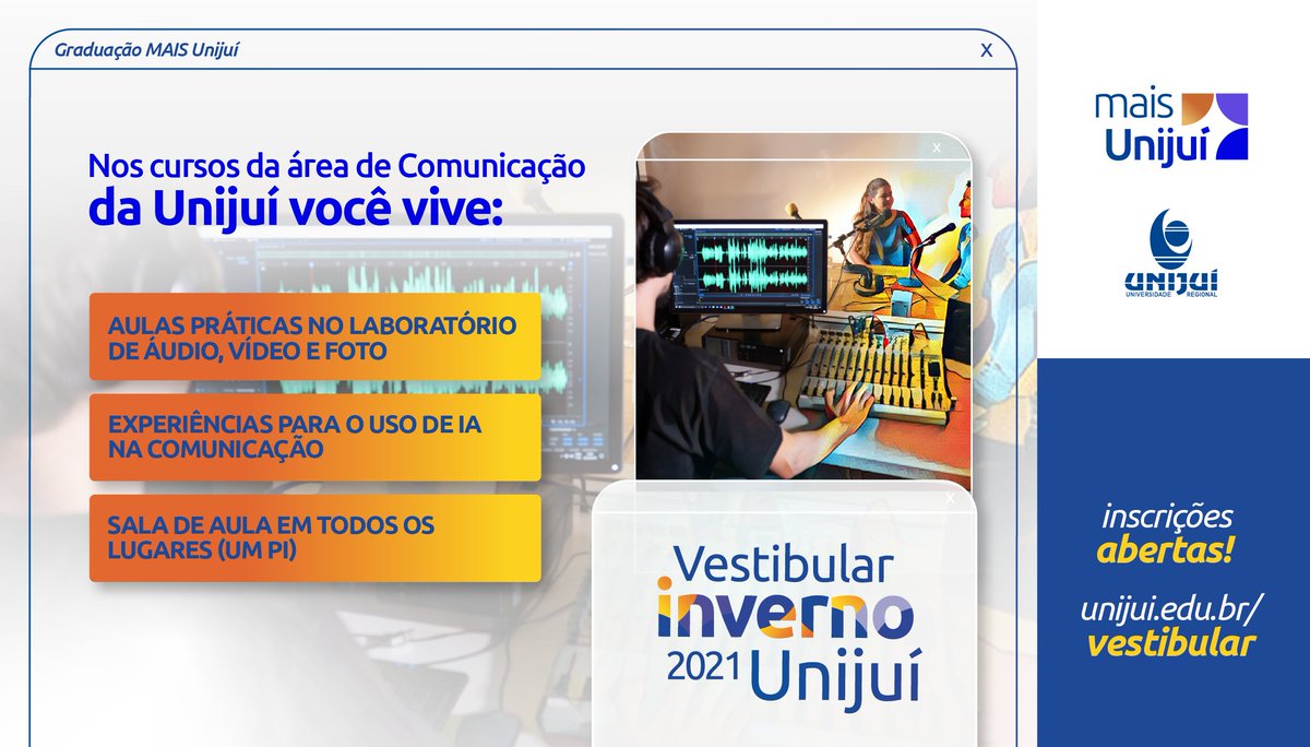 Unijui's tweet photo. Vem pra Unijuí! Conheça os diferenciais dos cursos da área de Comunicação. 🎤📸📱
Inscrições abertas: https://t.co/RT89Wfr9aT
#vestibular #vestibularinverno #ousetransformaraindamais #maisunijui #graduacaomais #universidade #unijui #comunicação https://t.co/FFVwK5WeBi