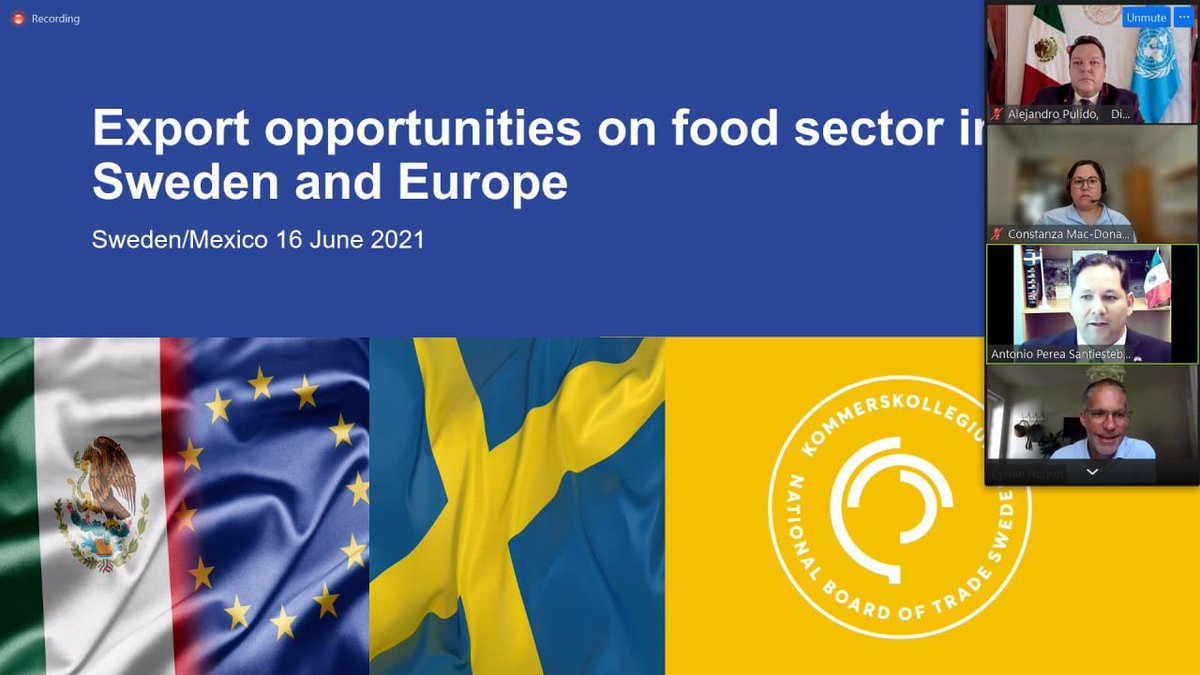 AlexPulidoG's tweet photo. It was a pleasure to be part of the webinar “Mexico – export opportunities on food sector in Sweden”, on behalf of Global Economic Drive of the @SRE_mx, working together with @EmbaMexSue, @Kommerskoll and @ComceEuropa - @ComceOficial.
#GlobalDrive #SSMHTeam https://t.co/7j145ZvbE3