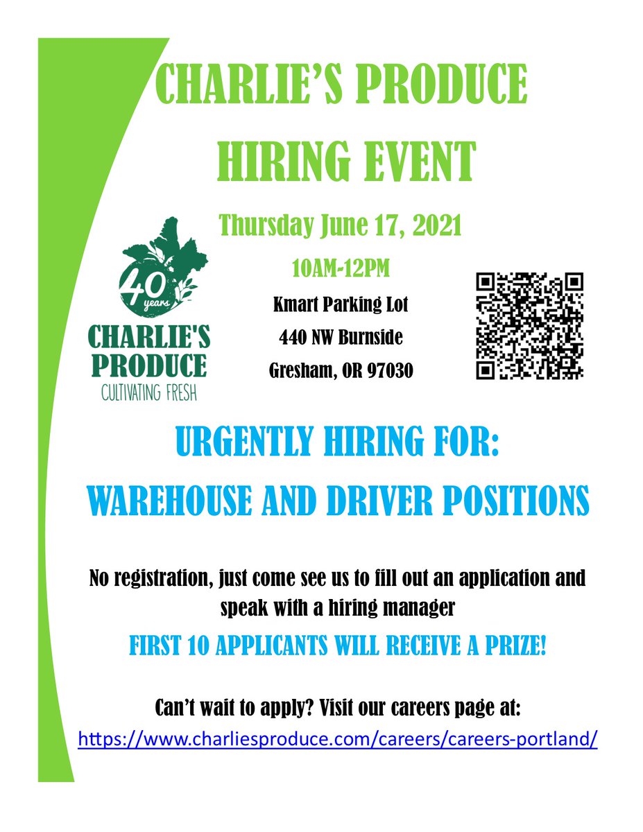 CharliesPDX's tweet photo. Charlie's Produce is hiring warehouse and driver positions! Come see us at the hiring event Thursday June 17, 10AM-12PM hosted by @worksourceor  #Hiring #CharliesProduce #Warehousejobs #Driverjobs https://t.co/xH0PKrBzYw