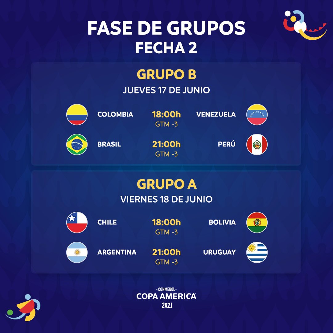 CONMEBOL Copa América™️ on X: PREPÁRENSE QUE YA SE VIENE 😀 🗓️ Este  jueves empieza la Fecha 2 de la CONMEBOL #CopaAmérica 🏆 y estos son los  partidos #VibraElContinente PREPARE-SE, ESTÁ CHEGANDO!