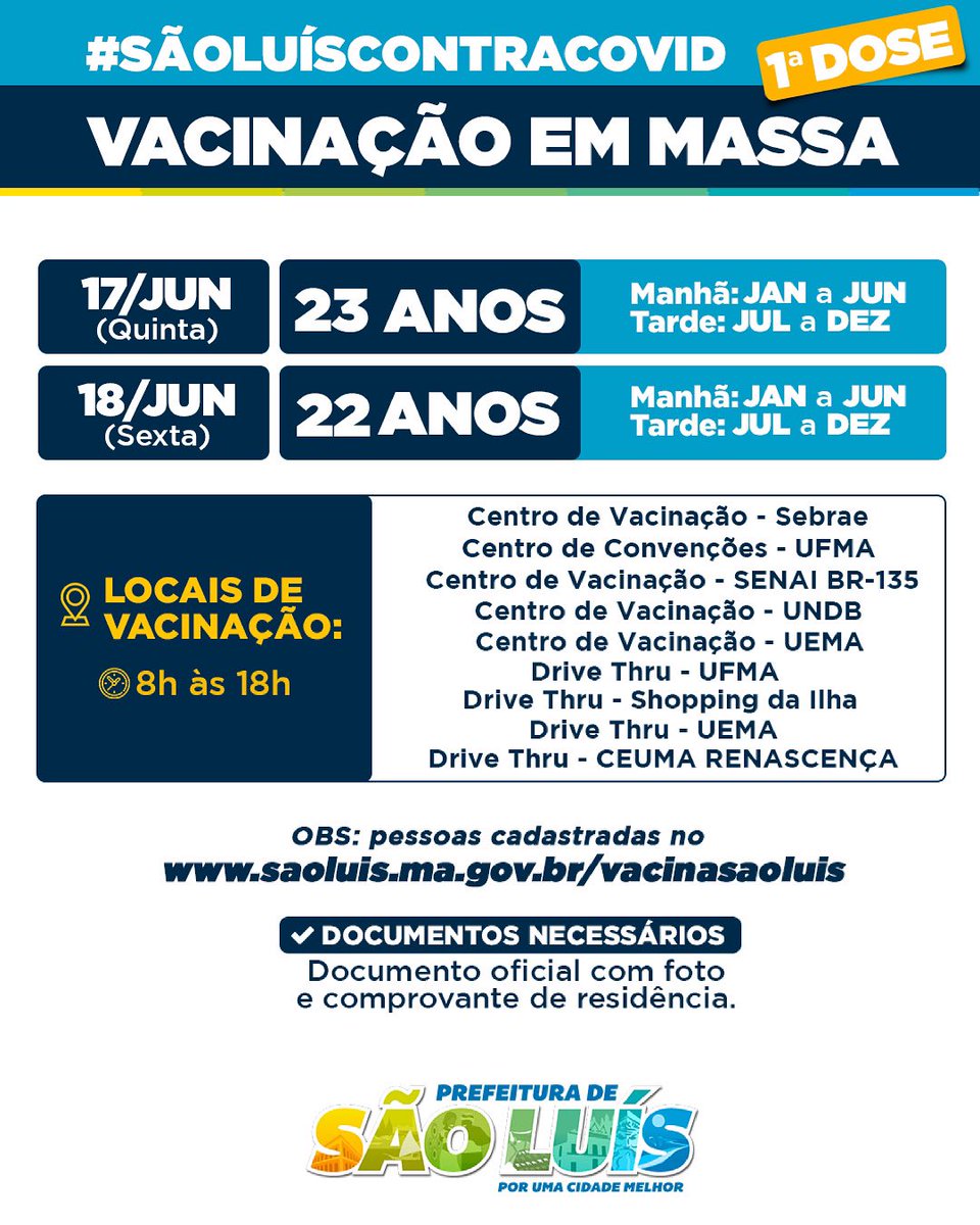 PrefeituraSL's tweet photo. ✅ Alô novinho, alô novinha! Te liga que tem calendário:

Manhã: JAN a JUN
Tarde: JUL a DEZ 

🗓 Quinta (17) - 2️⃣3️⃣ anos;
🗓 Sexta (18) - 2️⃣2️⃣ anos.

⚠️E lembrando: pra vacinar precisa estar cadastrado e você pode ir em qualquer um de nossos 9 pontos.

#SãoLuísContraCovid https://t.co/GddOw5gUNJ