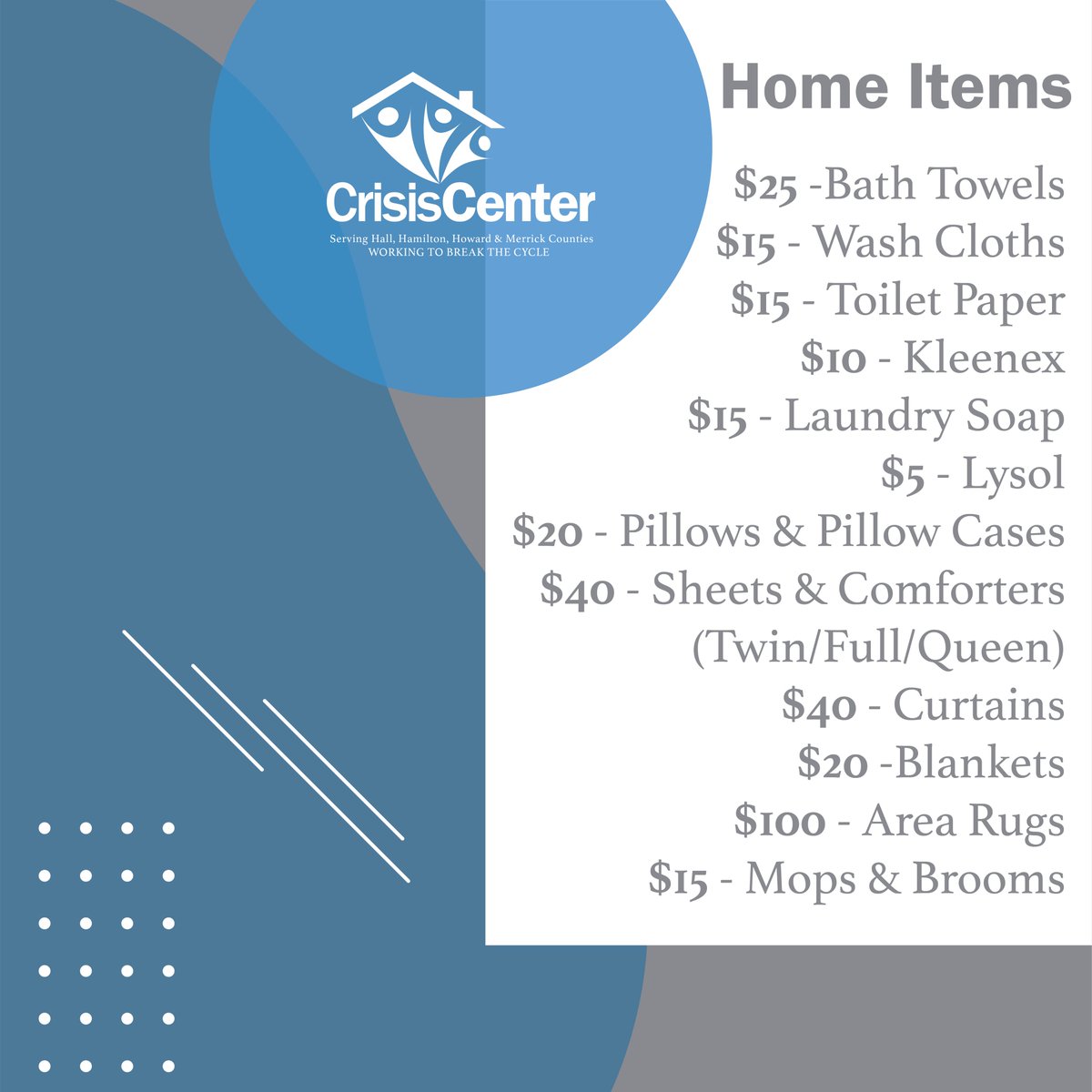 CrisisCenterGI's tweet photo. Because we are a non-profit agency and do not charge for our services, we must rely on many different kinds of donations. Below are ways you can give and a list of items that can be given to the Crisis Center to be used at the shelters. https://t.co/vLIKvzksuN