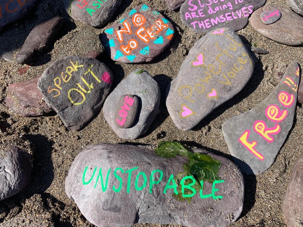 VivGordonCo's tweet photo. We're walking, talking, creating and building community alongside the backdrop of the South Devon Coast
Yesterday we met with two wonderful groups of survivors and allies - @womenscc_DIVAS and @WomensCCornwall who created these wonderful #MyLineInTheSand pebbles for our campaign https://t.co/LPwrheYa1d