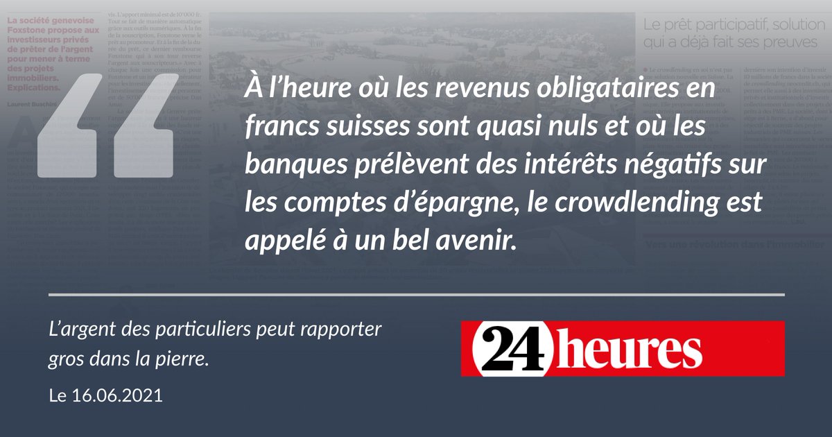 Foxstone_ch's tweet photo. 📰 @24heuresch 👉🏼 https://t.co/4ATweMcv2b « À l’heure où les revenus obligataires en francs suisses sont quasi nuls et où les banques prélèvent des intérêts négatifs sur les comptes d’épargne, le #crowdlending est appelé à un bel avenir. »
#Presse #24Heures #Immobilier #Foxstone https://t.co/3pTdnbDSG7