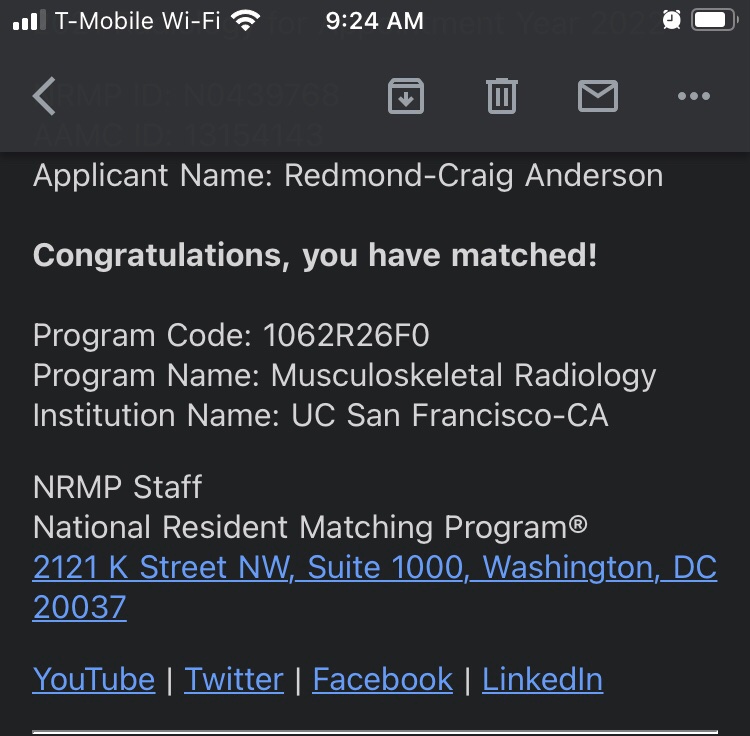 Beyond thrilled to have matched @UCSFimaging for #MSKrads! #Fellowmatch #Match2021