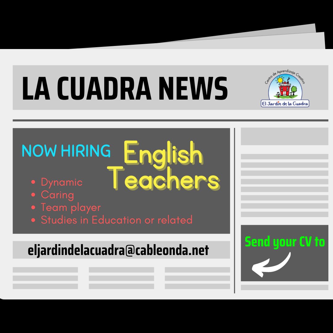 ElJardinDeLaCua's tweet image. WE ARE NOW HIRING! We are looking for English Teachers for our school. Requirements: Studies in Education or any related career, Experience in Early Childhood Education, and most importantly: MUST love children! 💜
Send your resume to:
eljardindelacuadra@cableonda.net