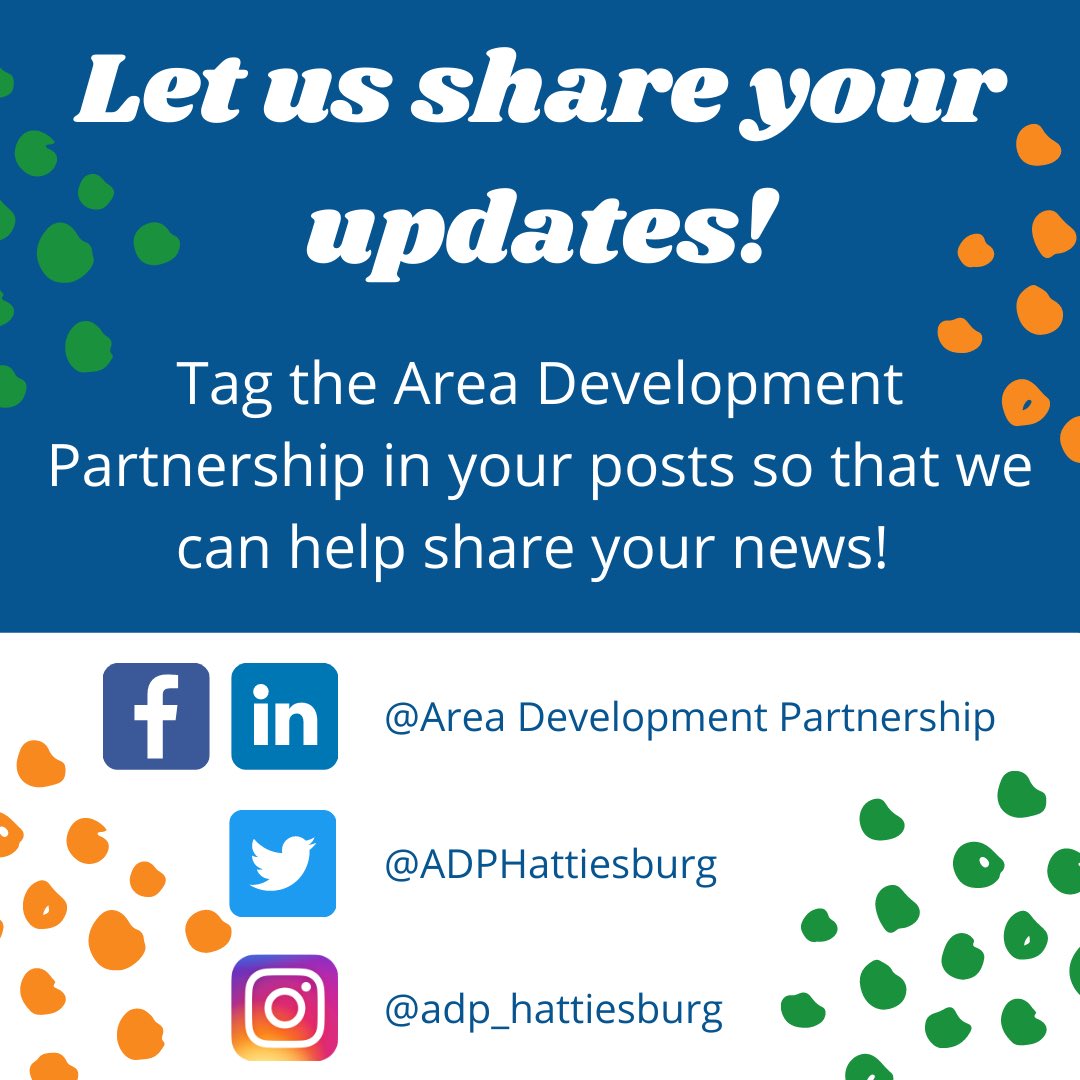 Area Dev Partnership (@adphattiesburg) on Twitter photo Do you have any updates or news about your business? Let us share it! Tag the <a href="/ADPHattiesburg/">Area Dev Partnership</a> in your posts so we can help you share all of your new and exciting updates with all of our members! Do you have any updates or news about your business? Let us share it! Tag the <a href="/ADPHattiesburg/">Area Dev Partnership</a> in your posts so we can help you share all of your new and exciting updates with all of our members!