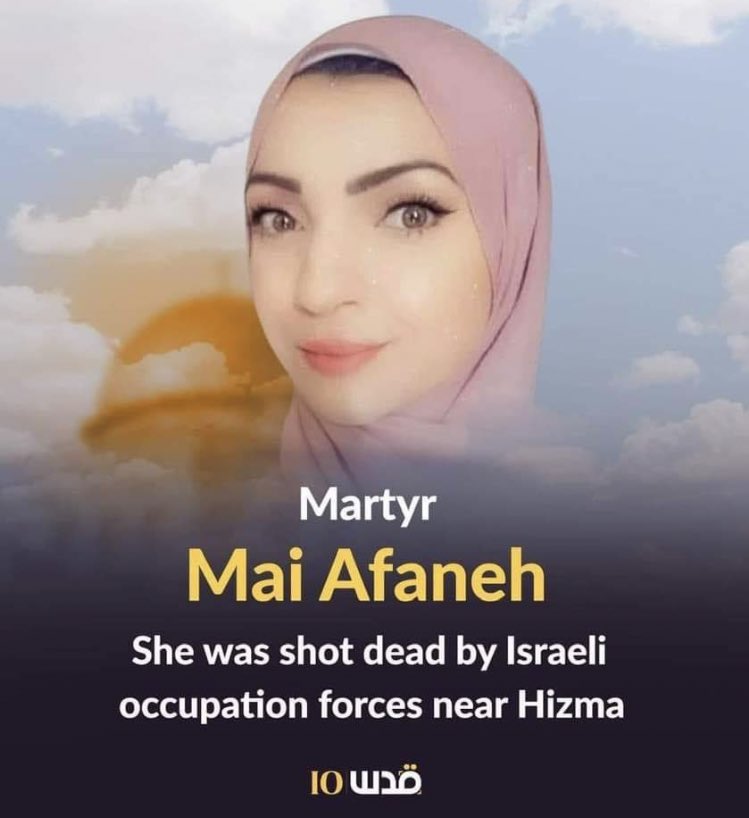 rubio_chef's tweet photo. Mai Afaneh, dottoressa palestinese, è stata ammazzata poco fa dai terroristi ebrei occupanti. La sua colpa? Essere una donna palestinese. Dopo essere stata colpita alla guida, è stata trascinata fuori dalla vettura e lasciata morire dissanguata come da protocollo nazisionista. https://t.co/nb4PJSGZRV