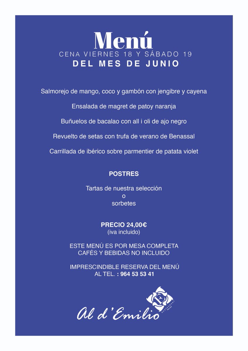 Ací tens els nous plats del menú per als sopars del cap de setmana.
Cinc plats més postre per 24€ (beguda no inclosa, IVA inclós)
Imprescindible reserva prèvia !
#lExquisitMediterràni #AldEmilio