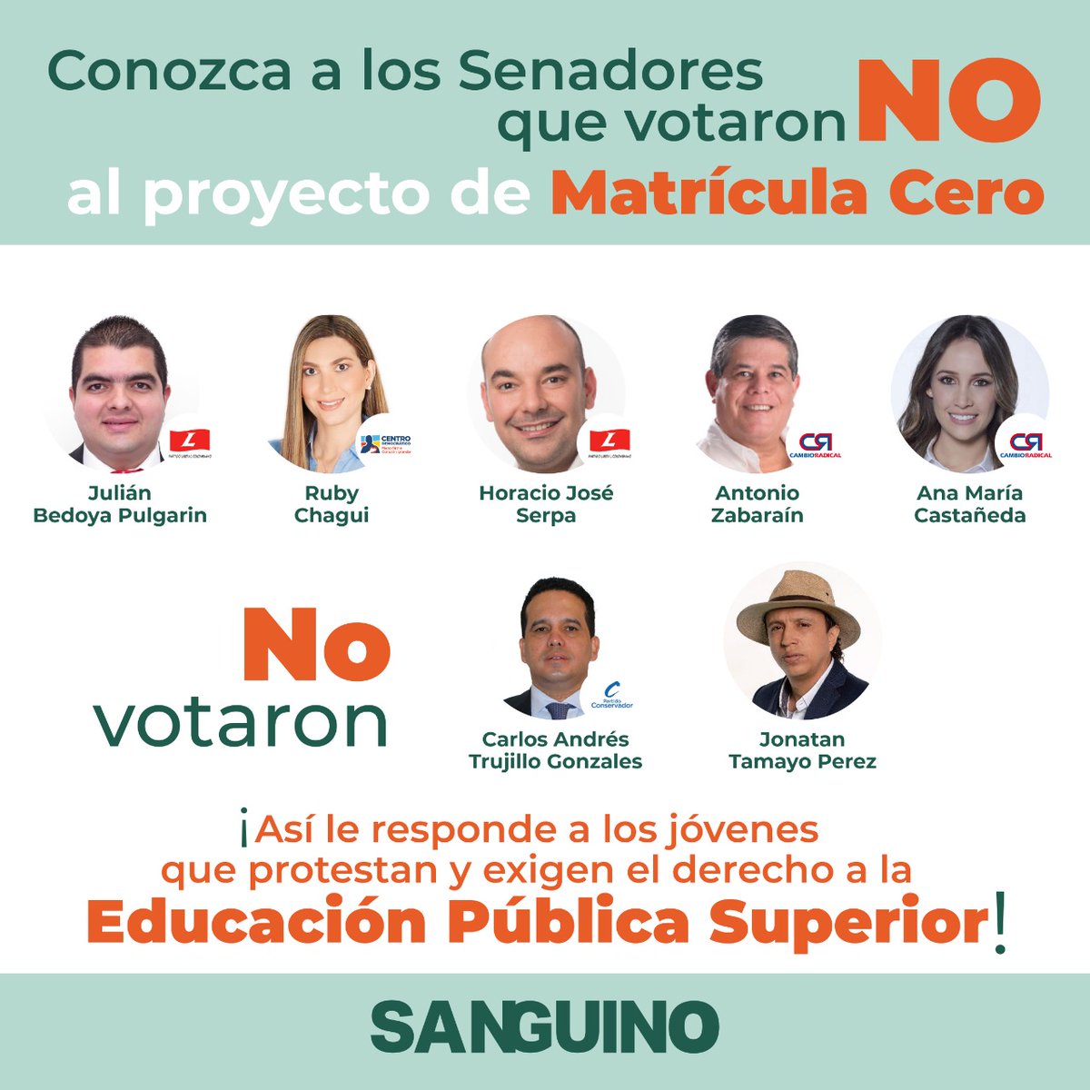 AntonioSanguino's tweet photo. Las mayorías uribistas en la Comisión Sexta del @SenadoGovCole dan la espalda a los jóvenes. Con 5 votos en contra negaron nuestro Proyecto de Matrícula Cero para los años 2021 y 2022 que impulsamos con @wilsonariasc y @GustavoBolivar

Votaron sí @SenadorJGuevara y @SandraComunes https://t.co/YIZHQz98w8
