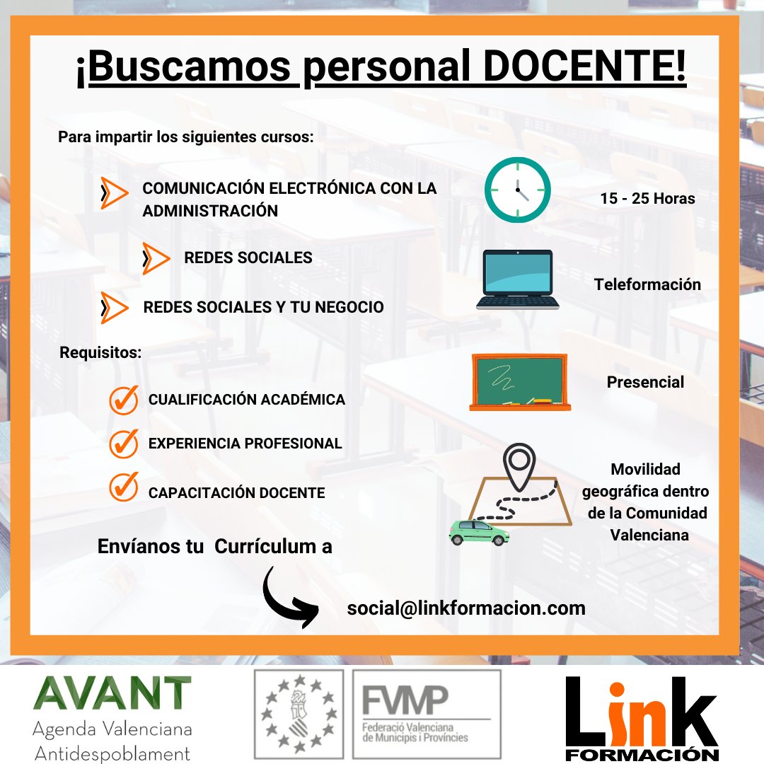 linkformacion's tweet photo. Buscamos personal Docente📢

¡Envíanos tu currículum!

📧 social@linkformacion.com
💻 https://t.co/1Jk05O70B2

#empleo #docente #cursos #comunicación #electronica #administracion #redes #sociales #negocio #formación #gratuita #trabajadores #desempleados #valencia #linkformación https://t.co/Eoxuwnxtln