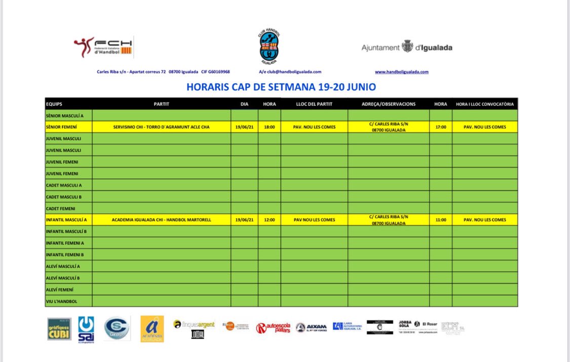 Handbol Igualada (@handboligualada) on Twitter photo 🤾🏽Recta final a la temporada del <a href="/handboligualada/">Handbol Igualada</a> 🤾🏽
Aquí teniu els horaris dels partits del pròxim cap de setmana💪🏻💪🏻 Ànims a totes i tots!
#ClubHandbolIgualada 🤾🏽Recta final a la temporada del <a href="/handboligualada/">Handbol Igualada</a> 🤾🏽
Aquí teniu els horaris dels partits del pròxim cap de setmana💪🏻💪🏻 Ànims a totes i tots!
#ClubHandbolIgualada