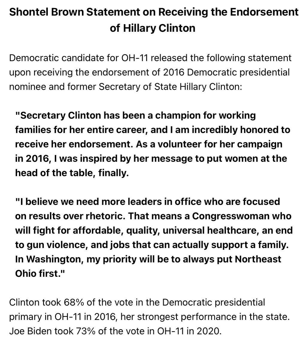 Hillary Clinton endorses Shontel Brown, seen as the strongest opponent of Nina Turner in #OH11. Brown emphasizes that she supported Clinton in 2016; Turner was a “Ready for Hillary” signee who quit to endorse Sanders and the rest is history. https://t.co/u2dqbH1yOJ