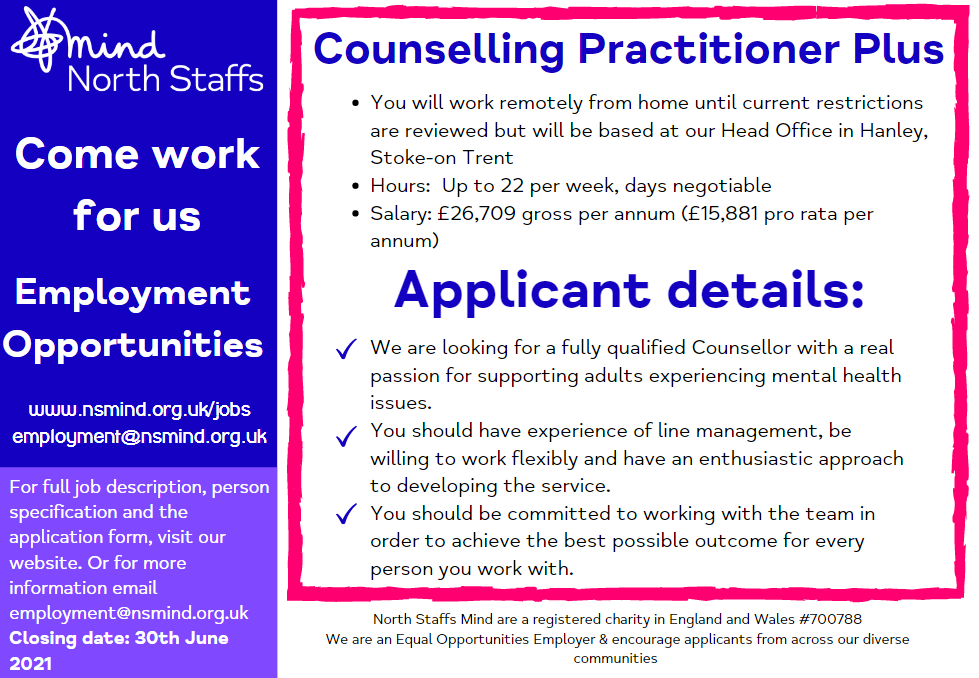 We are looking for a fully qualified Counsellor to join our Adult Counselling Team.  If you have a passion for supporting adults experiencing mental health issues &amp; would like to work with our Counselling Team follow the link below to find out more:
lnkd.in/eS6Q2Xq