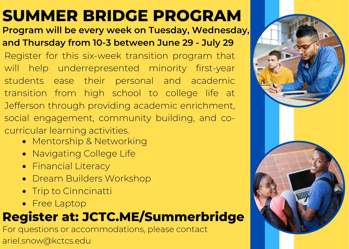 📣 GREAT OPPORTUNITY | <a href="/Jefferson_JCTC/">Jefferson JCTC</a> is hosting the ⭐️ STAR Summer Bridge Program ⭐️ for minority students. Students who complete the six-week program will receive a free laptop! 

DETAILS ➡️ bit.ly/3zy4P9B

#WeAreJCPS