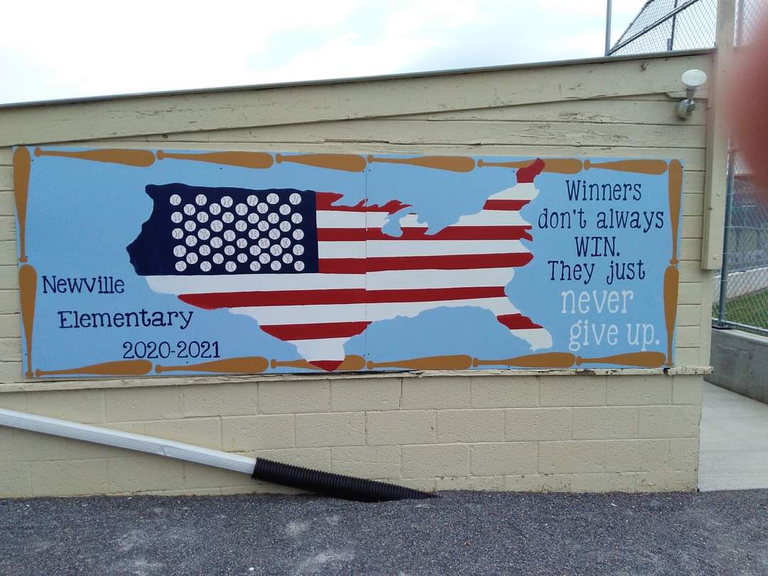 The Newville Borough Park mural is finally finished!  What a TEAM effort!  Mrs. Kiehl's Genius Hour students in 2020 to 2021 finishing it with a 5th grader's Capstone quote. Mrs. Peffer's stencil skills and Mrs.Piper/Mrs. Shover's help with painting! #NewvilleCARES #BSSDPROUD