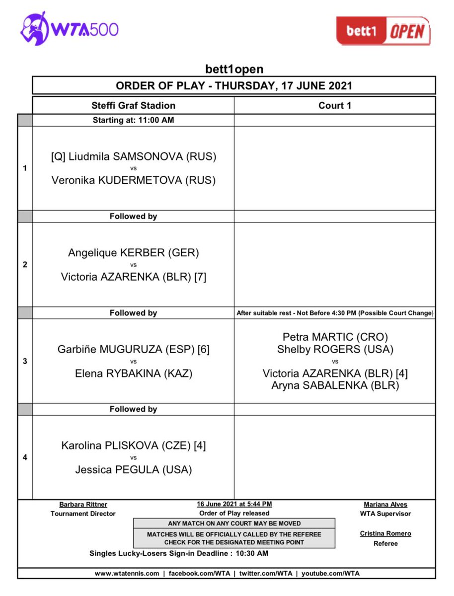 WTA500 Berlin Thursday schedule