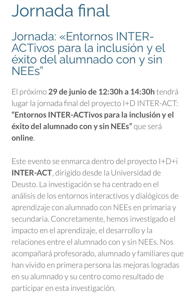AsturiasAEBE's tweet photo. 💙💙 Jornada: «Entornos INTER-ACTivos para la inclusión y el éxito del alumnado con y sin NEEs” 💙💙

🌟 29 de junio de 12:30 a 14:30.

Inscripciones:
https://t.co/WkZugfTHUq

https://t.co/4QuvHSSSgB https://t.co/rUnh6xlf8D