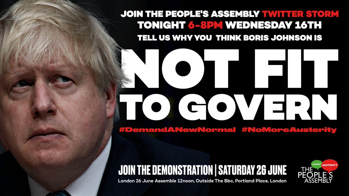 pplsassembly's tweet photo. Join the Twitter storm right now! Tonight 6-8pm!

Tell us why YOU think Boris Johnson is not fit to Govern #NotFitToGovern https://t.co/xjg3DfVbic