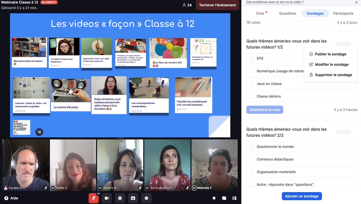 👏Un GRAND bravo à nos ambassadrices  <a href="/NadiaMenacer/">IEN Reims Est</a> @AnneSophie_Fdl Marielle et Sophie pour leur premier webinaire interactif.
🙏🏻Merci aux participants d’avoir pris 45 minutes pour cette présentation
Je veux voir les nouvelles vidéos 👉 classe-a-12.beta.gouv.fr