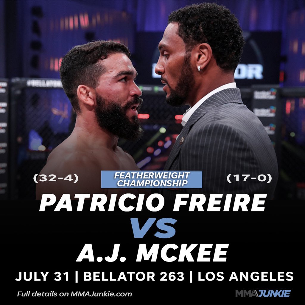 MMAJunkie's tweet photo. The grand prix final is set! @PatricioPitbull defends his title against @AJMcKee101 this summer in Los Angeles. 🔥

#Bellator263 | https://t.co/avmWu8KclQ https://t.co/bER4QhbAVI