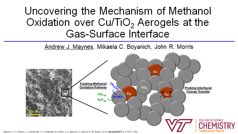 JMorrisLabVT's tweet photo. The achievements keep rolling in for the lab! Andrew Maynes gave a fantastic talk at the 95th ACS Colloid and Surface Science Symposium titled "Uncovering the Mechanism of Methanol Oxidation over Cu/TiO2 Aerogels at the Gas-Surface Interface". Send some congratulations his way! https://t.co/dGSXivB8Io