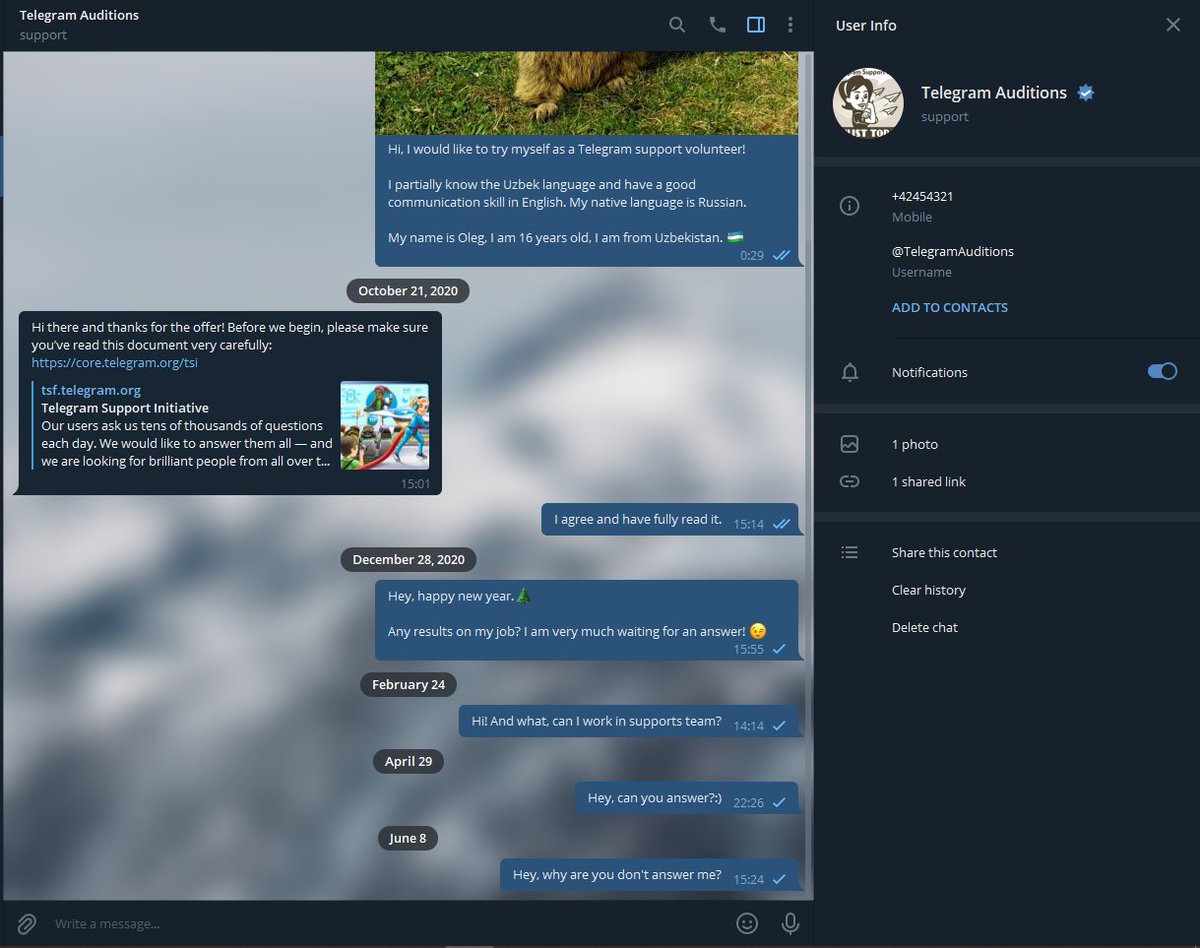 polihronidi's tweet photo. 👀 It's already the ninth month, and I'm still waiting for a response from the @telegram team to become a volunteer and become part of the team of my favorite @telegram messenger.

I believe that I`ll wait! https://t.co/BJNJqPt7xh