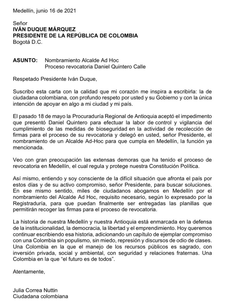 Carta abierta al Presidente <a href="/IvanDuque/">Iván Duque 🇨🇴</a> respecto al nombramiento del Alcalde Ad Hoc en el marco del proceso de revocatoria de Daniel Quintero Calle.