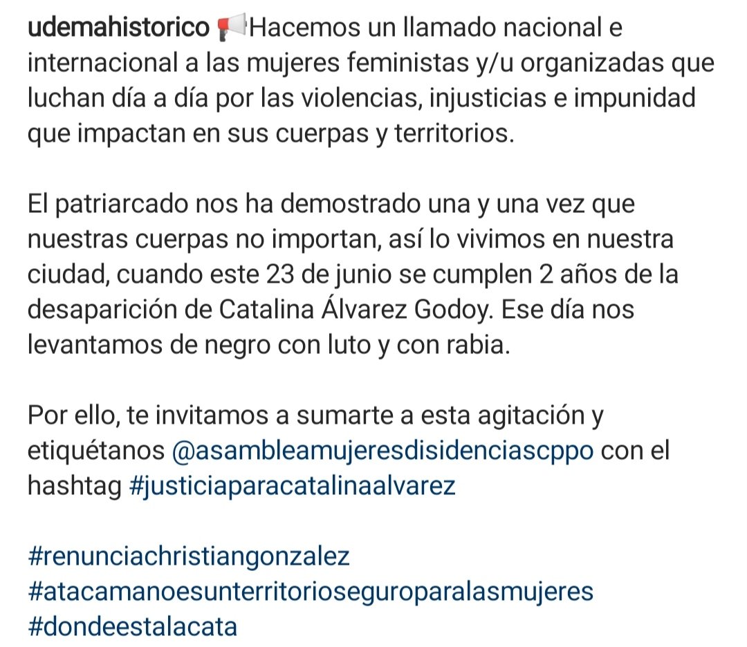 ¡LLAMADO NACIONAL E INTERNACIONAL!
A 2 años de la desaparición de Catalina

#justiciaparacatalinaalvarez
#atacamanoesunterritorioseguroparlasmujeres
#renunciachristiangonzalez
#dondeestalacata
#udemahistorico

instagram.com/p/CQL2afsMCxR/…