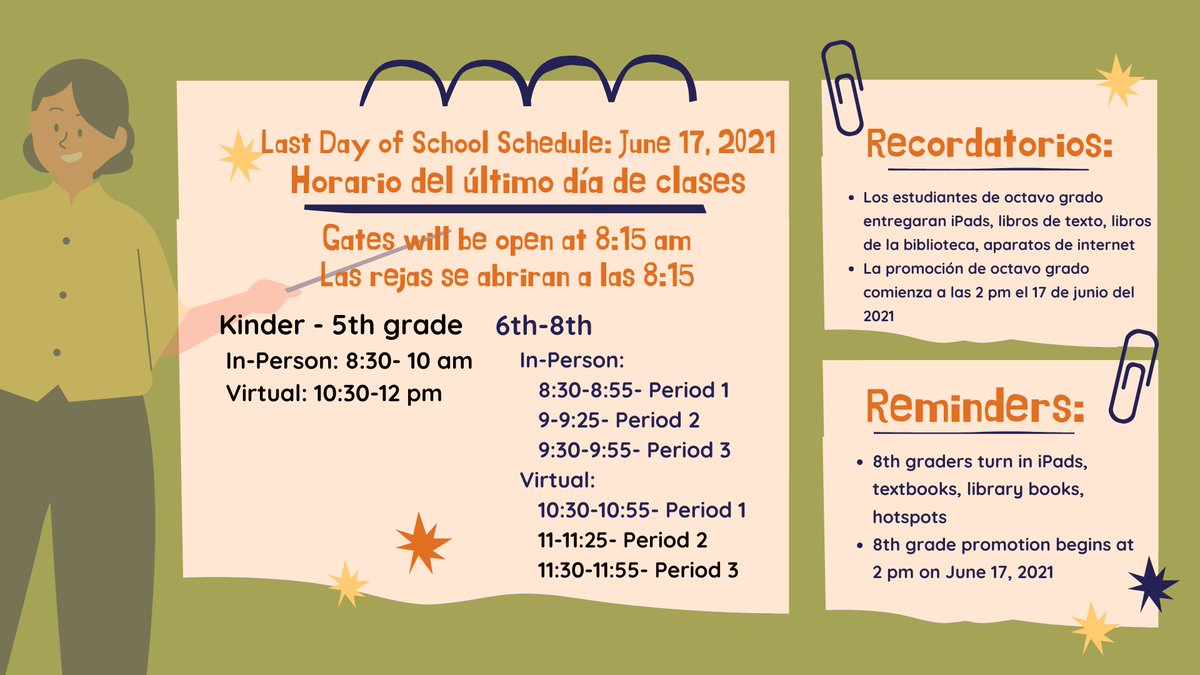 June 17: Last Day of School Schedule / Horario del ultimo dia de classes